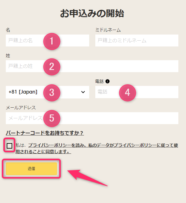 公式サイトから必要情報を入力してフォームを提出