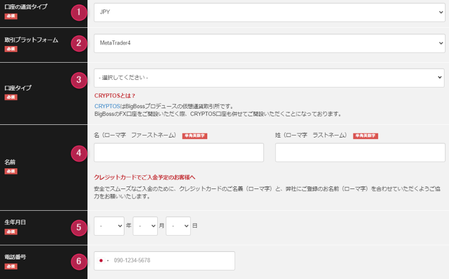 口座開設フォームの入力