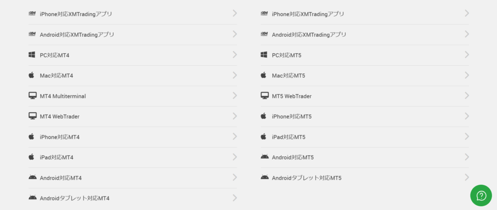 XMTrading公式サイト：デバイスごとのMT4/MT5ダウンロードリンク