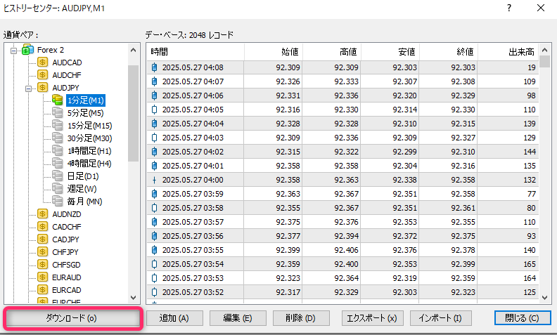 ヒストリカルデータをダウンロード