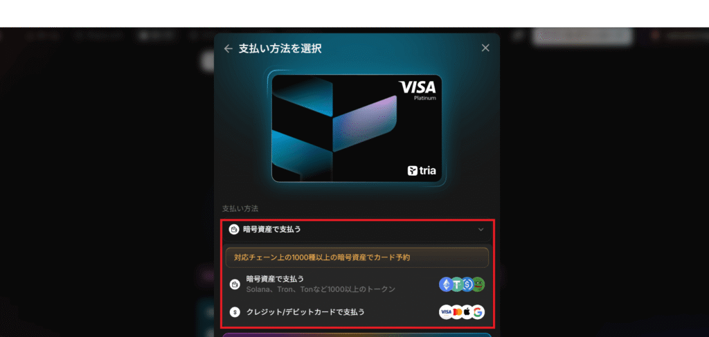 TriaPayPCカード発行支払い選択画面