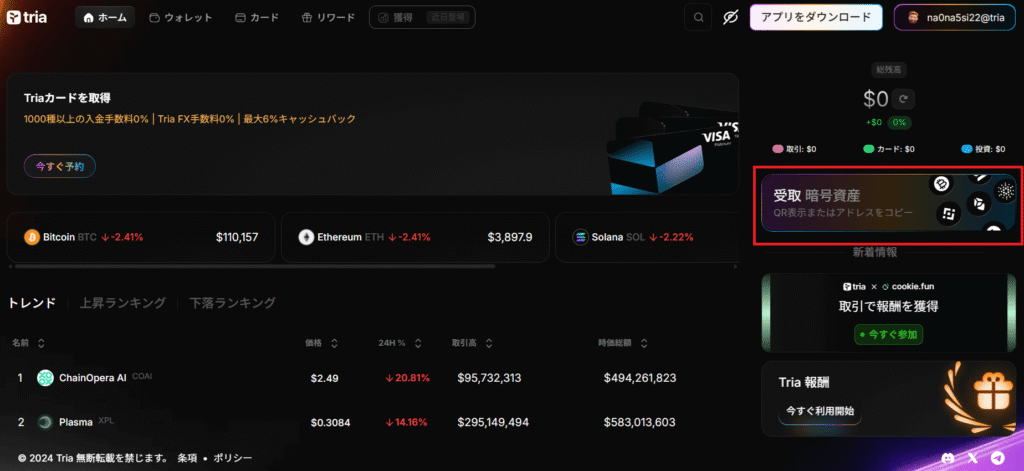 TriaPayPC送金Top画面